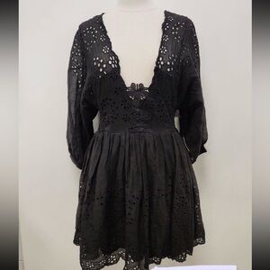 NWT Free People Black Eyelet Long Sleeve Plunge Babydoll Dress   Size L